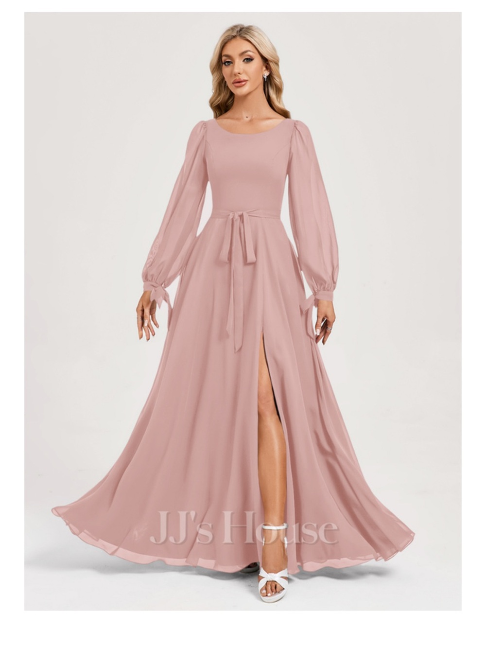 JJs House Blush Pink Long-Sleeve Chiffon Maxi Dress with Waist Tie
